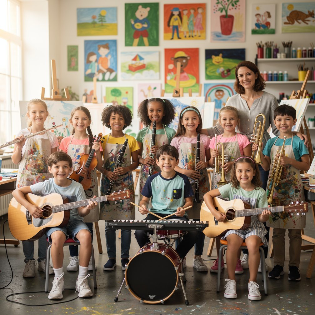 Children students in an art school class with musical instruments, group photo, high quality photography