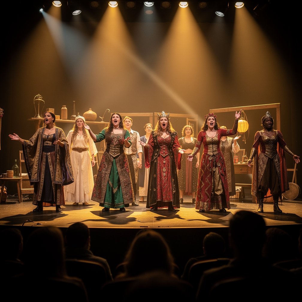 Theatre performance of students on stage, artistic costumes, high quality photography
