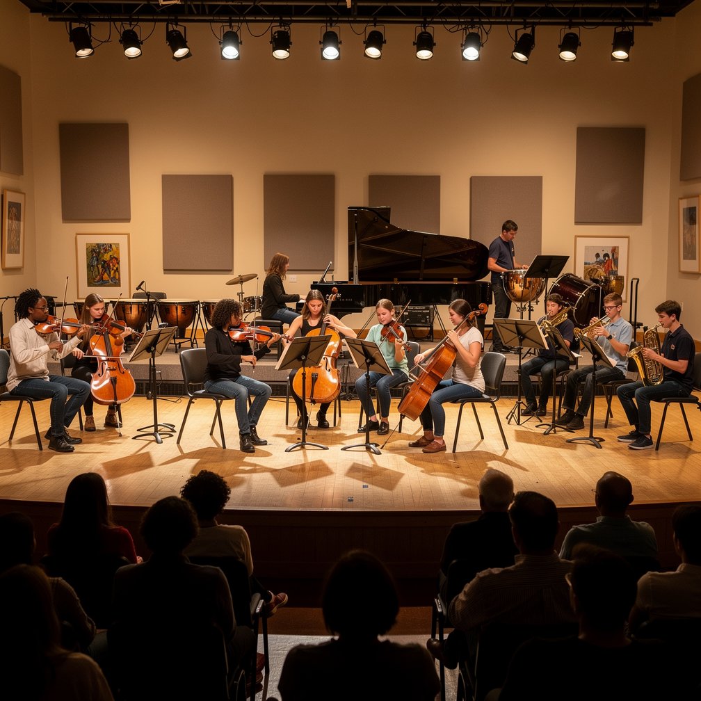 Concert of students in an art school hall, musicians playing instruments, high quality photography