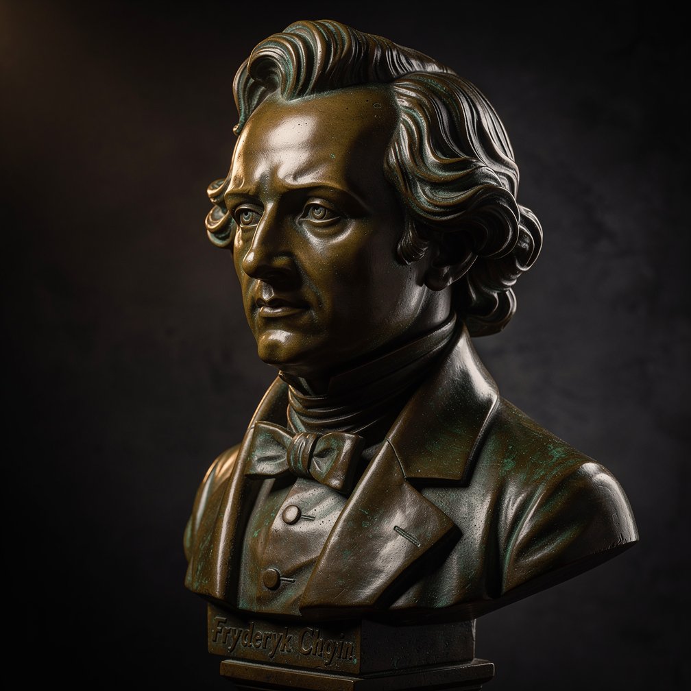 Classical bronze bust of Fryderyk Chopin, artistic lighting, high quality photography, sculpture