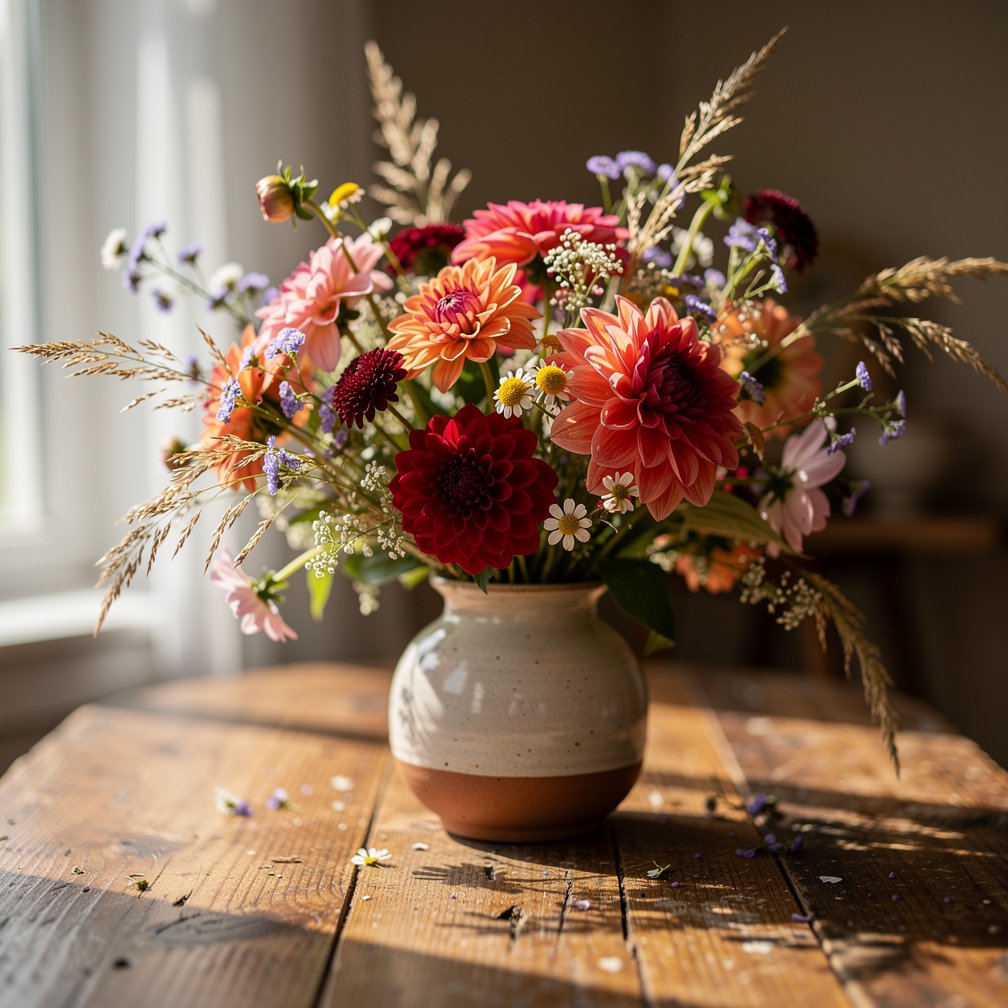A beautiful wild bouquet of seasonal flowers in a simple ceramic vase, sitting on a rustic wooden table, soft natural light from a window, dahlias and field flowers, elegant and natural style, professional still life photography, 4:5 aspect ratio