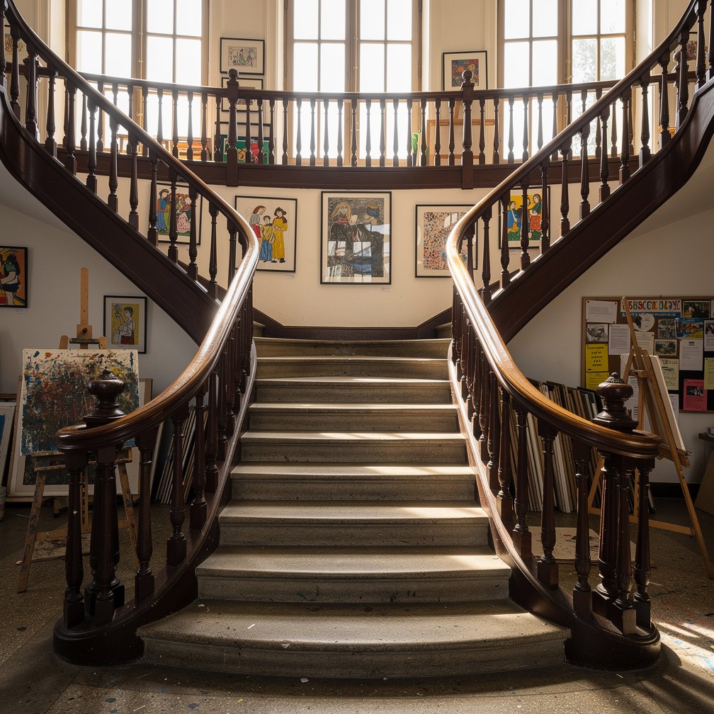 Elegant historic staircase with wooden railing inside an art school, artistic atmosphere, high quality photography