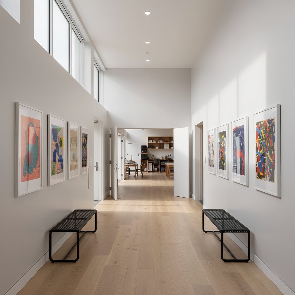 Modern clean interior of an art school hallway, minimalist design, artistic elements, high quality photography