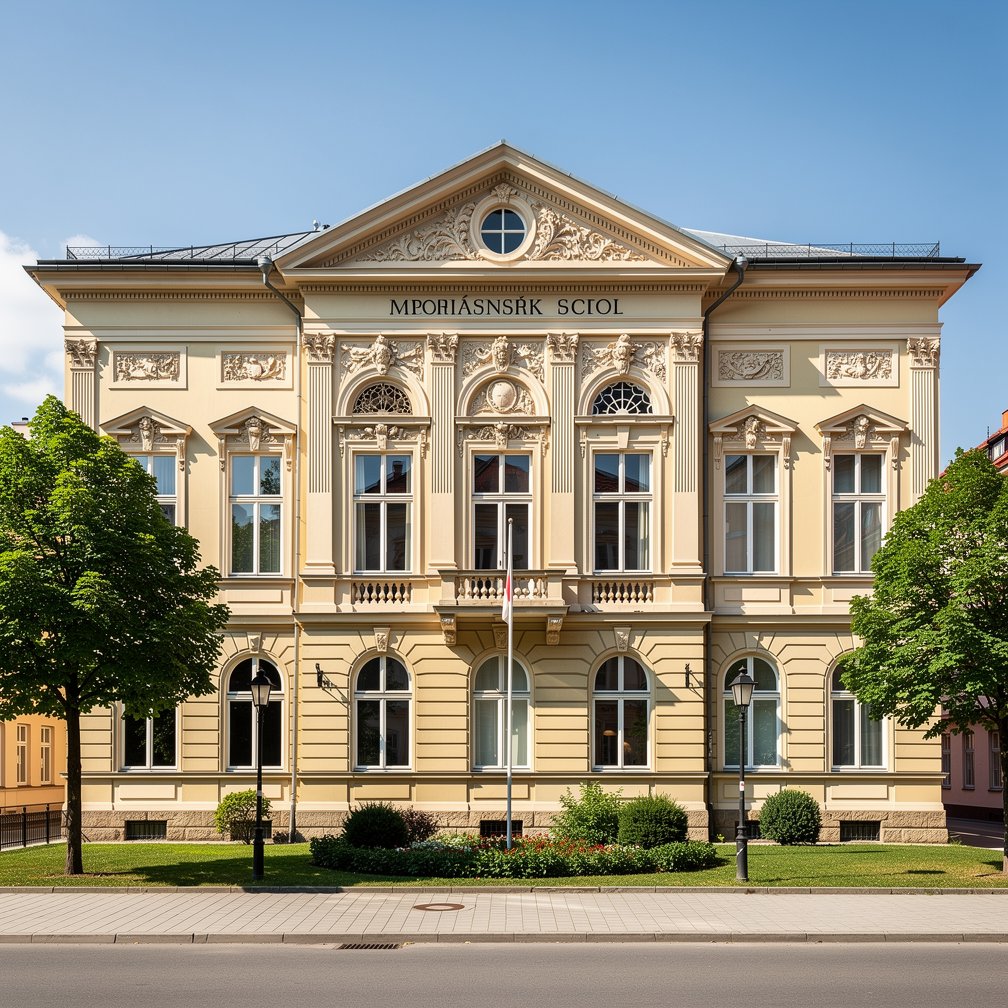 Professional architectural photo of the exterior of an elegant historic art school building in Mariánské Lázně, sunny day, high quality